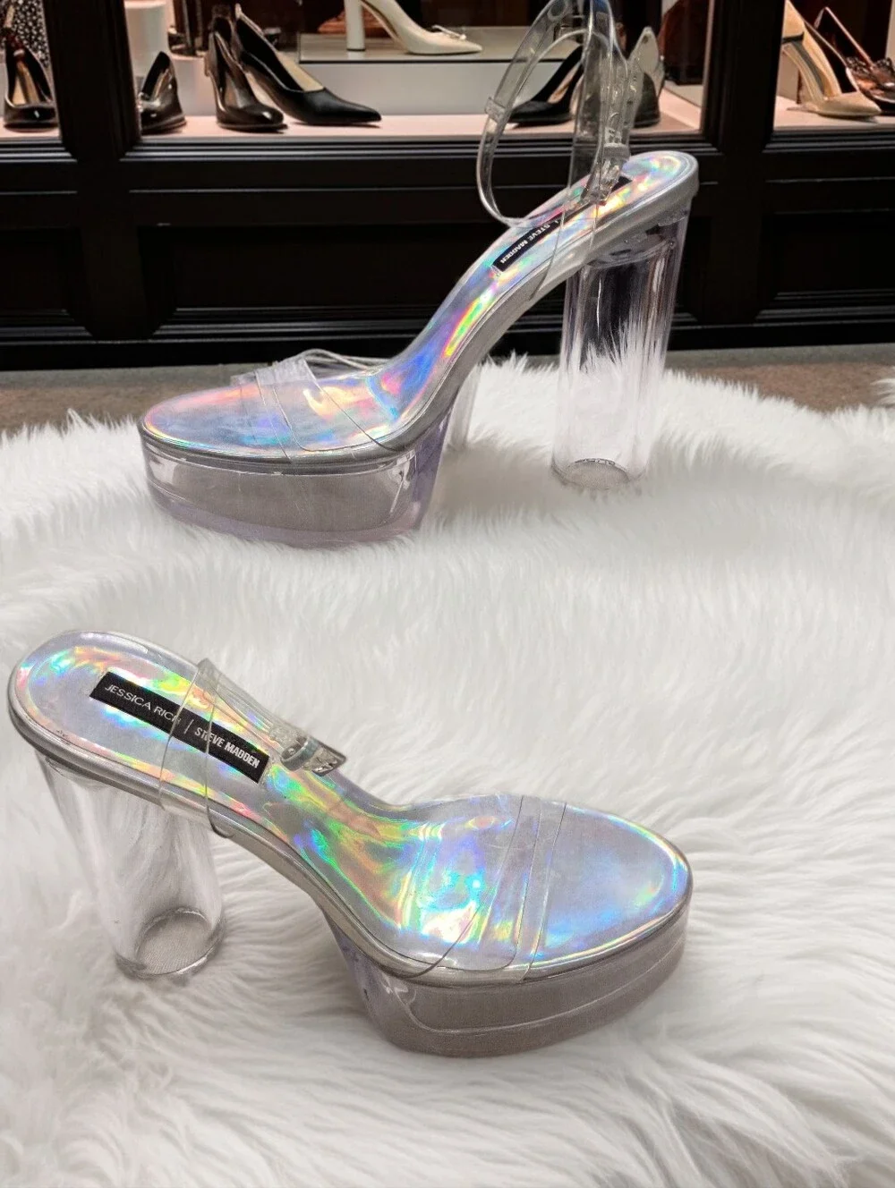 New Steve Madden Jessica Rich Iridescent Clear Platform Heels - Holographic 9.5M
